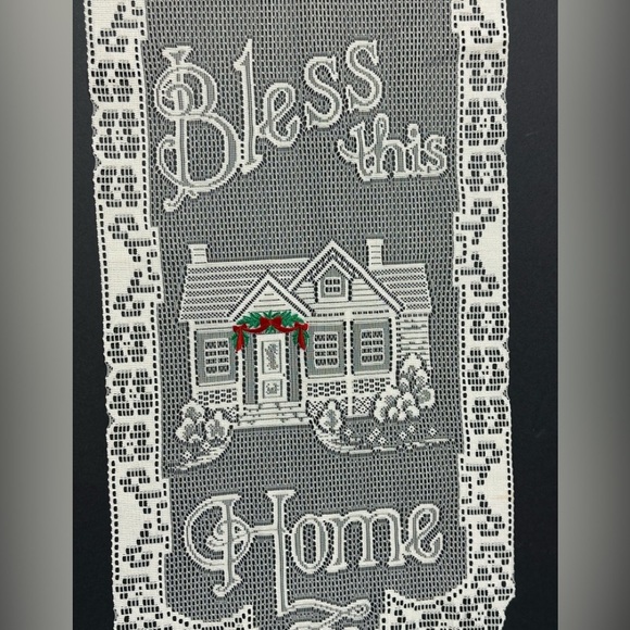 Lace Wall Hanging Bless This Home 29 in X 13 in Ecru Embroidered Garland Vintage - Picture 4 of 7